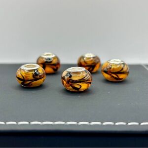 925 Sterling Amber & Black Murano Glass Beads